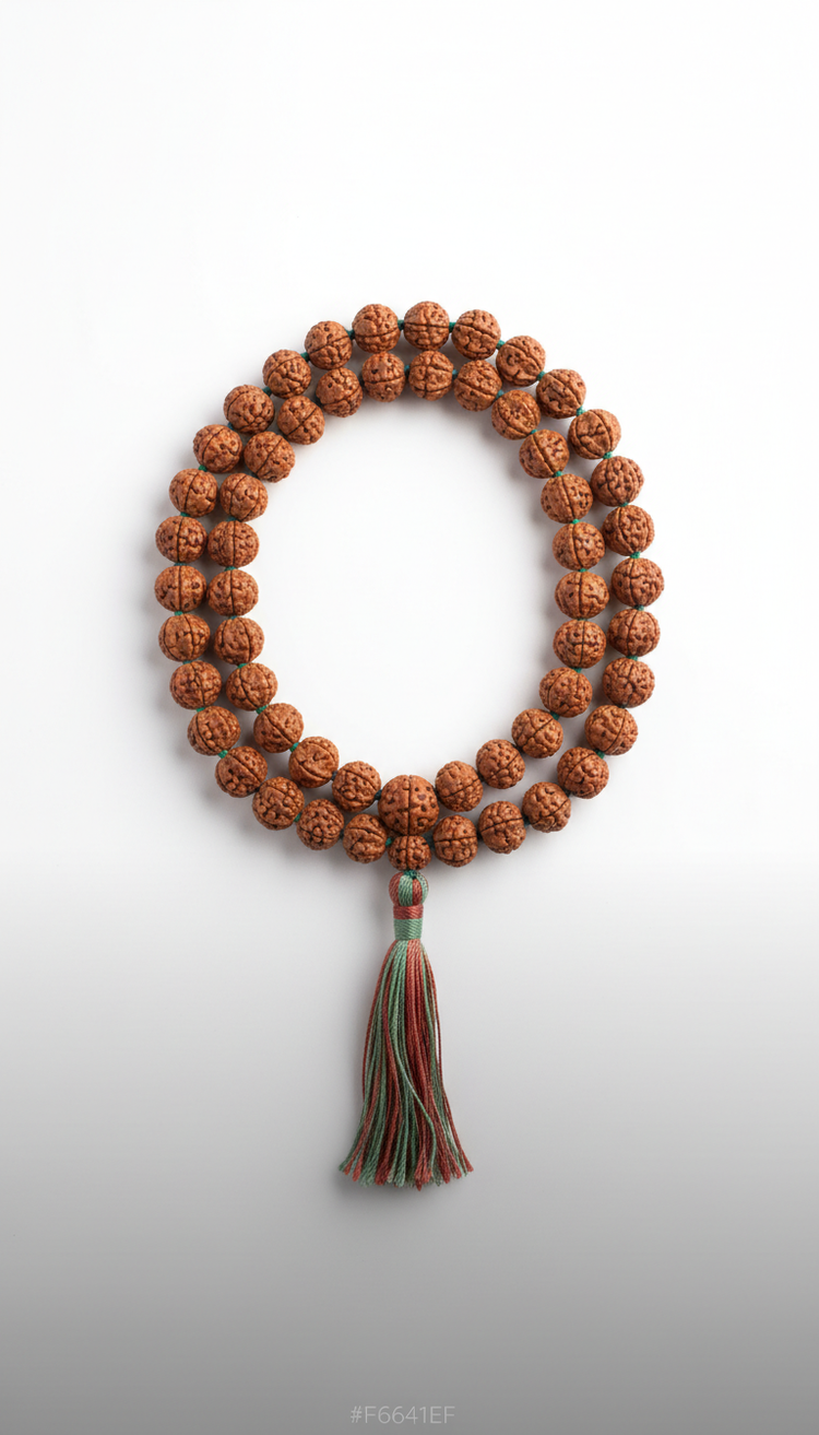 Brown rudraksh  bead mala arranged in a double loop with a red and green tassel


