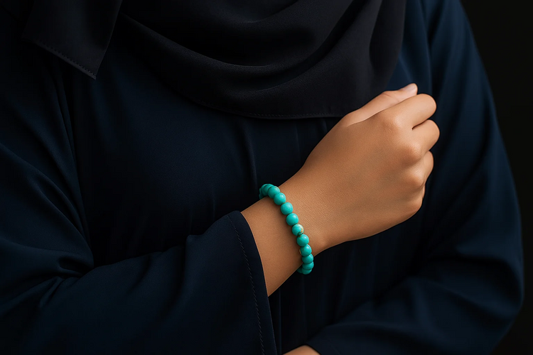 Natural blue turquoise Firoza beaded healing gemstone bracelet worn on wrist by Bright Blue Gemstones in Bellandur, Bengaluru