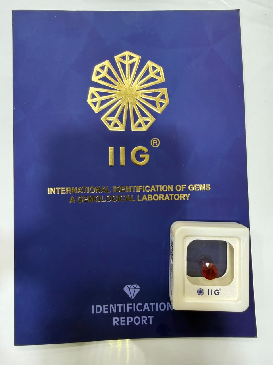 An IIG gemstone identification report card in deep blue with gold foil printing, shown next to a small cream-colored square device with a red gemstone inside.

International Identification of Gems - A gemmological laboratory