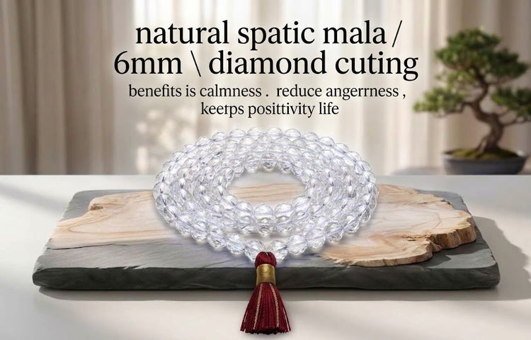 6mm diamond cut natural clear sphatik quartz crystal japa mala with red tassel for meditation and calmness by Bright Blue Gemstones in Bellandur, Bengaluru