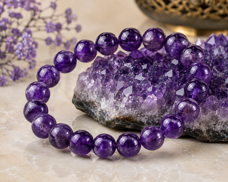 Natural amethyst 8mm beaded healing bracelet with benefits guide displayed on purple crystal cluster by Bright Blue Gemstones