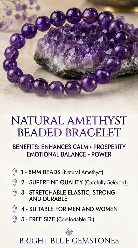 AlNatural amethyst 8mm beaded healing bracelet with benefits guide displayed on purple crystal cluster by Bright Blue Gemstones in Bellandur, Bengaluru