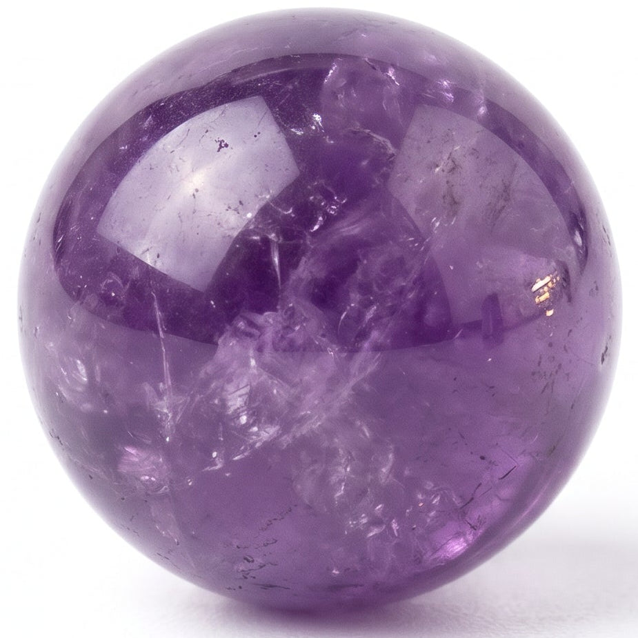Natural purple amethyst gemstone round bead on white background for custom energy healing bracelets by Bright Blue Gemstones India