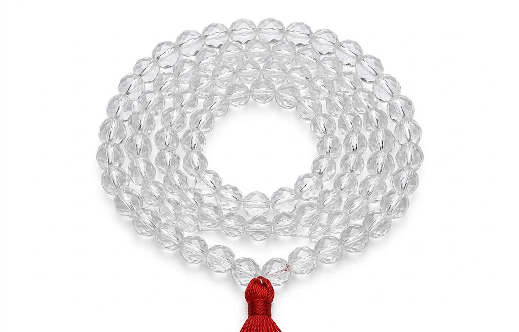 108 beads natural clear sphatik quartz crystal japa mala with red tassel for meditation by Bright Blue Gemstones in Bellandur, Bengaluru