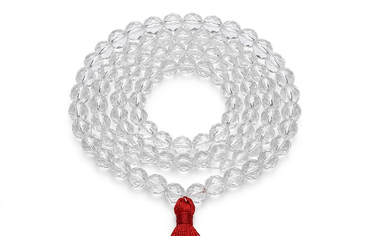 108 beads natural clear sphatik quartz crystal japa mala with red tassel for meditation by Bright Blue Gemstones in Bellandur, Bengaluru
