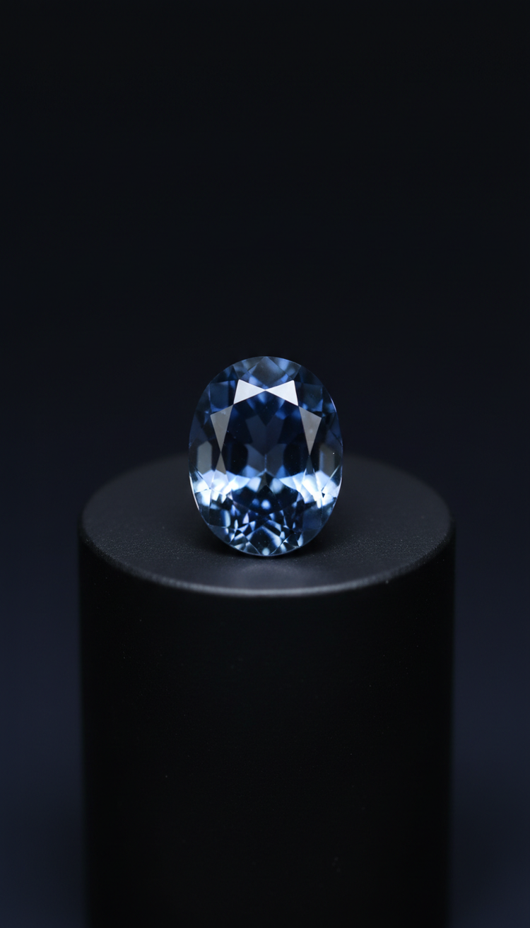 Faceted oval-cut natural blue sapphire gemstone resting on a black display pedestal by Bright Blue Gemstones