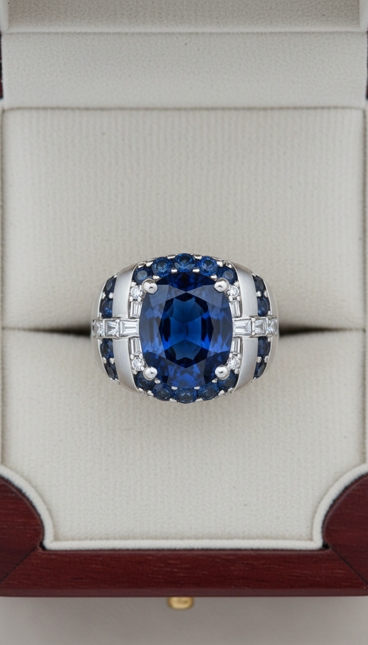 Oval-cut natural royal blue sapphire ring with sparkling diamond halo and geometric accent band in luxury white presentation box by Bright Blue Gemstones