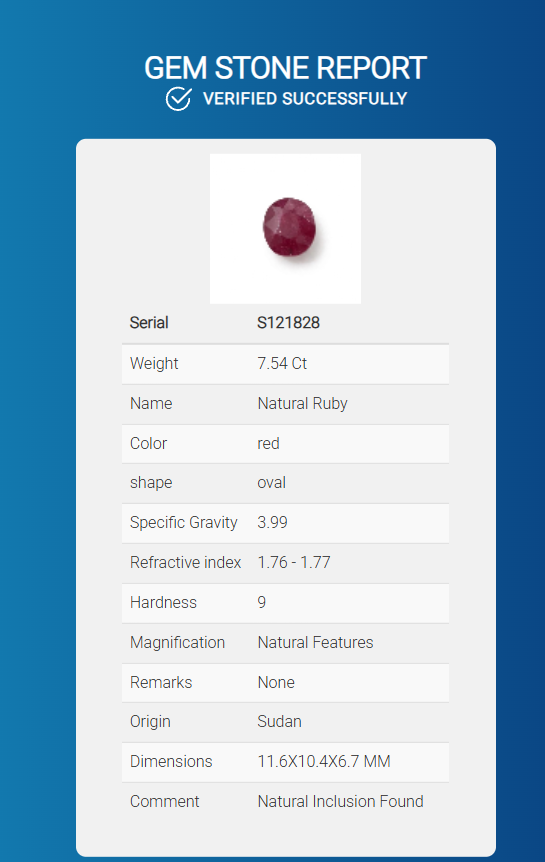 Gemstone certificate report for a natural red oval ruby with weight 7.54 ct, displayed on a blue gradient background with a white card showing details and a small photo of the gemstone.

