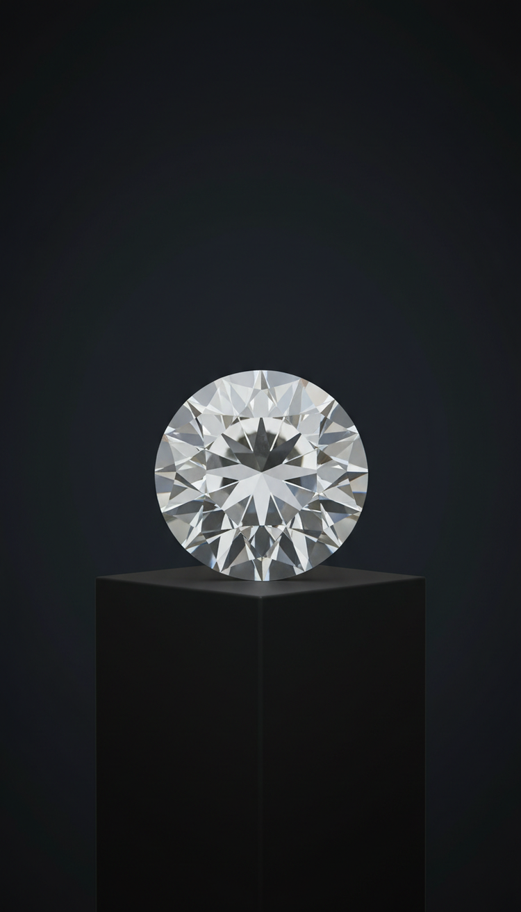 Round brilliant-cut Shweta Shukra white zircon gemstone resting on black display pedestal by Bright Blue Gemstones