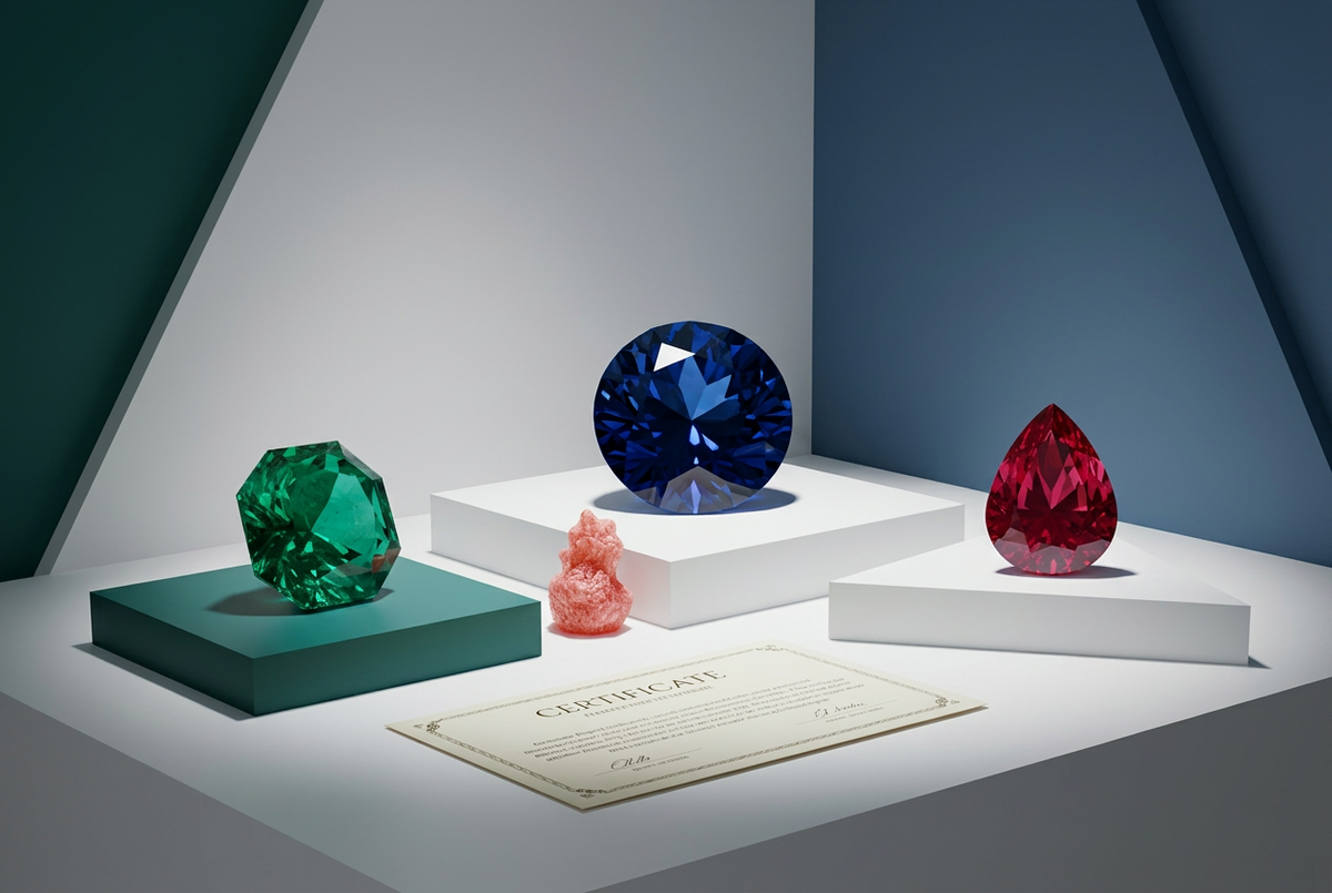 Natural emerald, blue sapphire, and ruby gemstones displayed on gallery pedestals with an authenticity certificate.